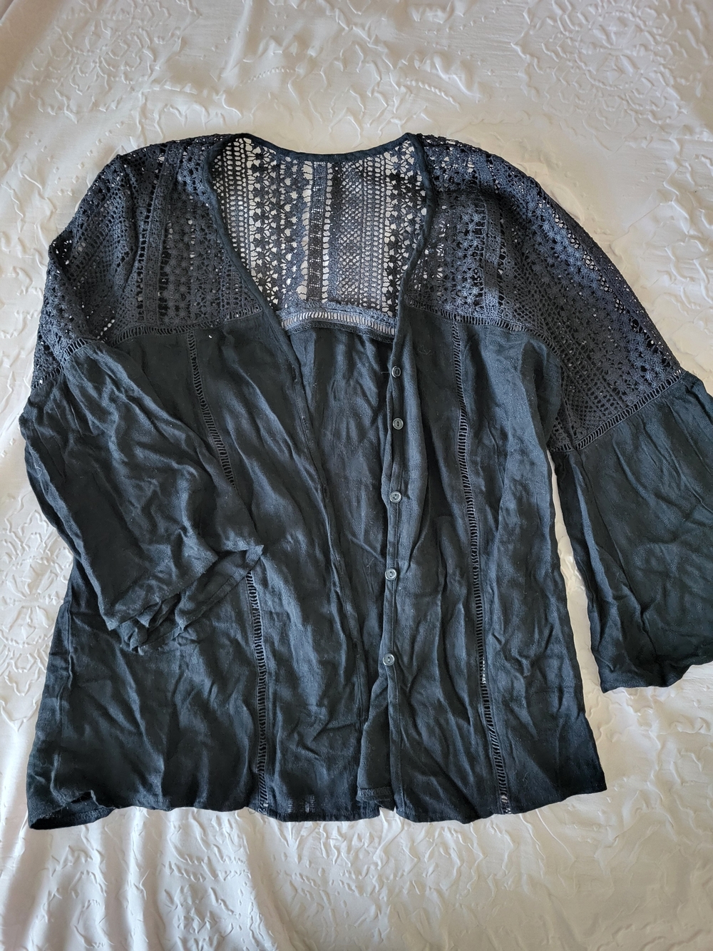 Black Crochet-Detail Button-Front Women’s Top
